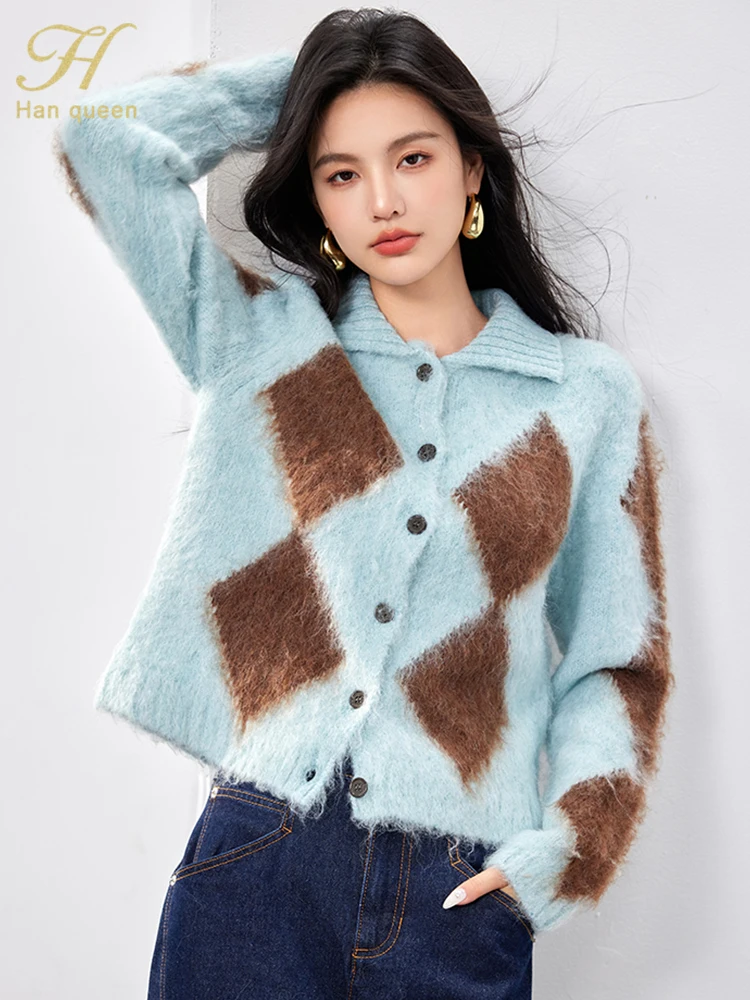 

H Han Queen Winter knitted Cardigan Sweaters Thickened Warm Women's Sweater Color Blocking Chic Vintage Casual Female Clothing