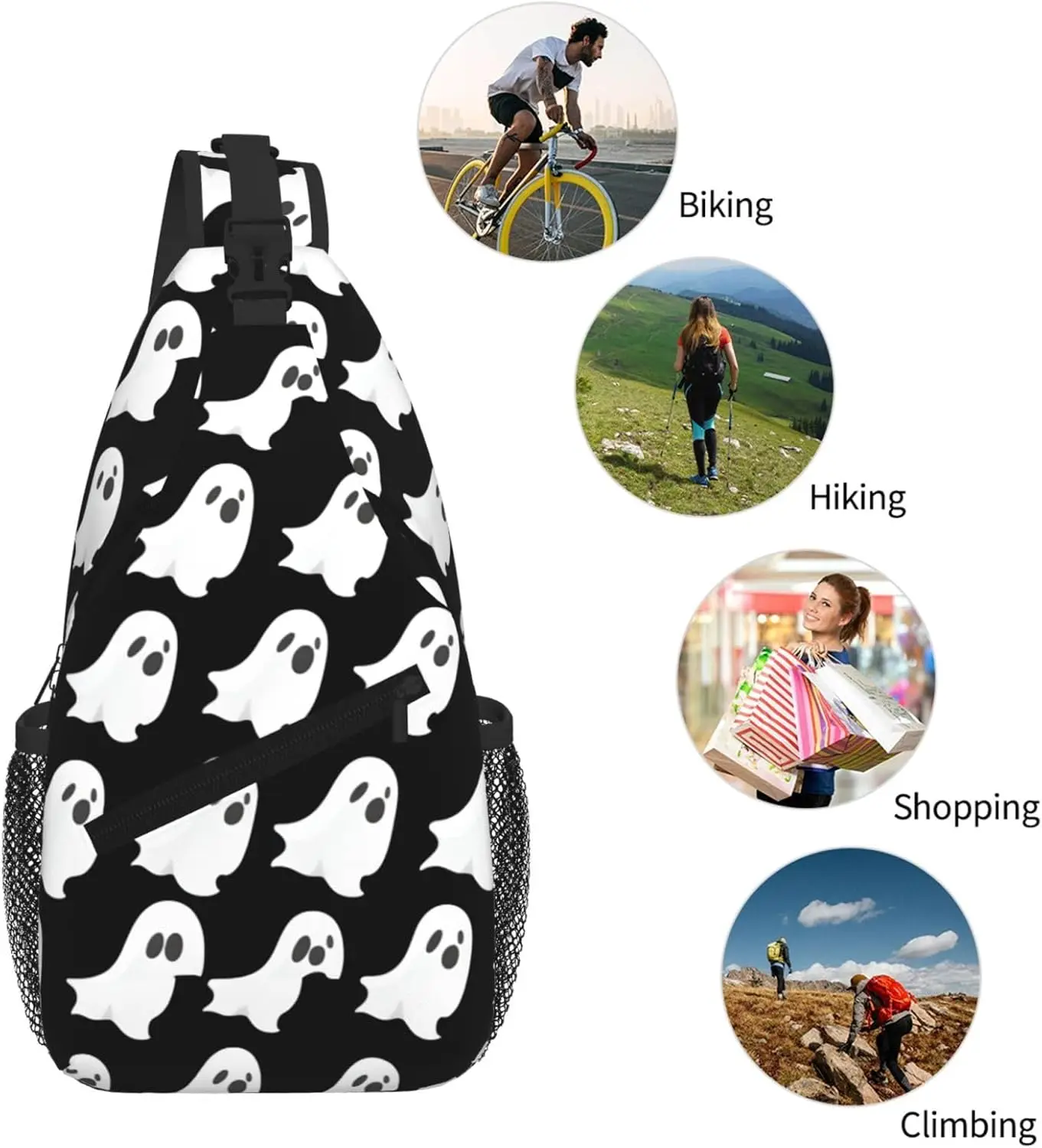 حقيبة صدر بحزام كتف مبطنة قابلة للتعديل ومطبوعة بنمط الهالوين، حقيبة حبال للسفر والعمل للاستخدام اليومي