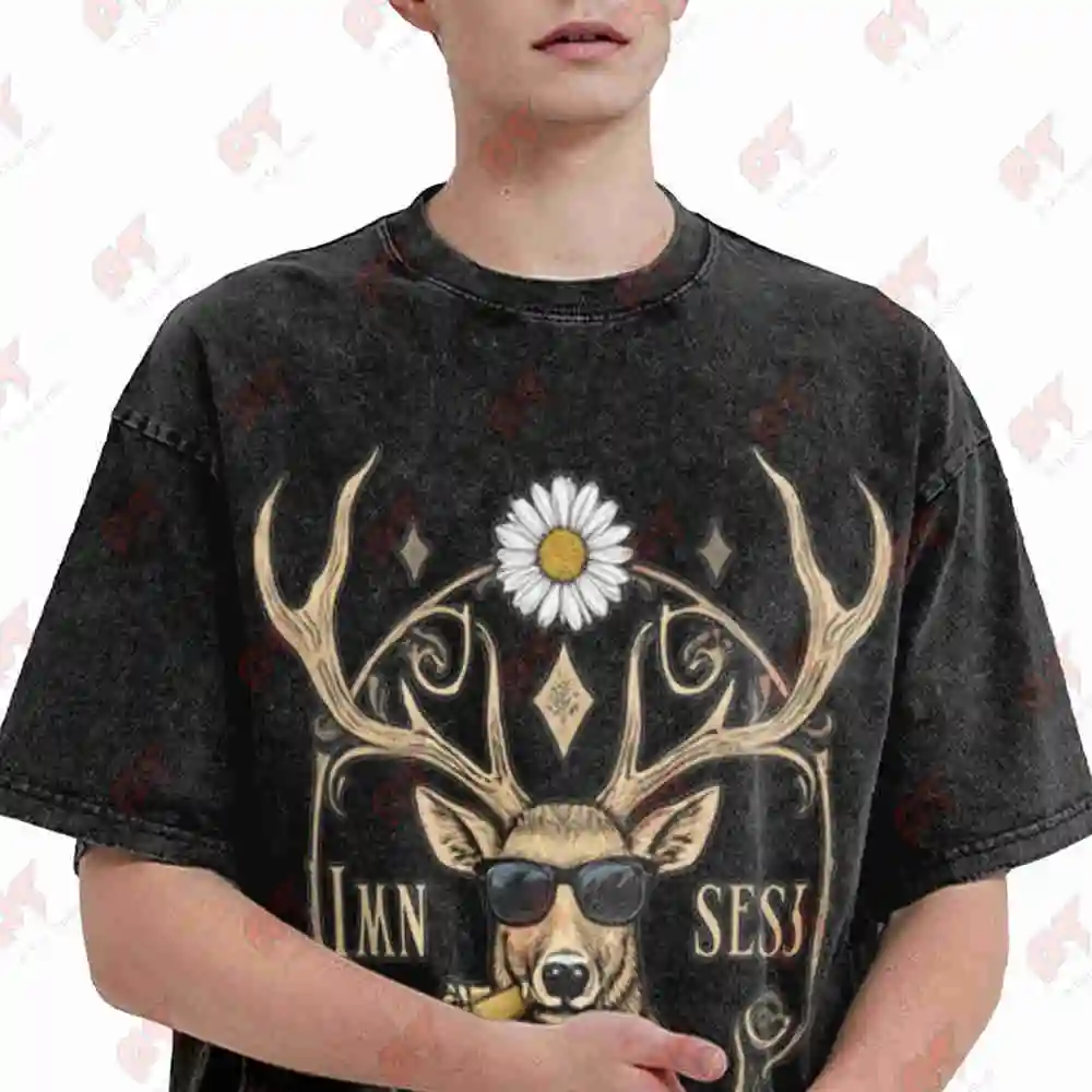 Rustic Deer German Text Bavarian Back Vintage Washed Tee Pure Cotton T-Shirt