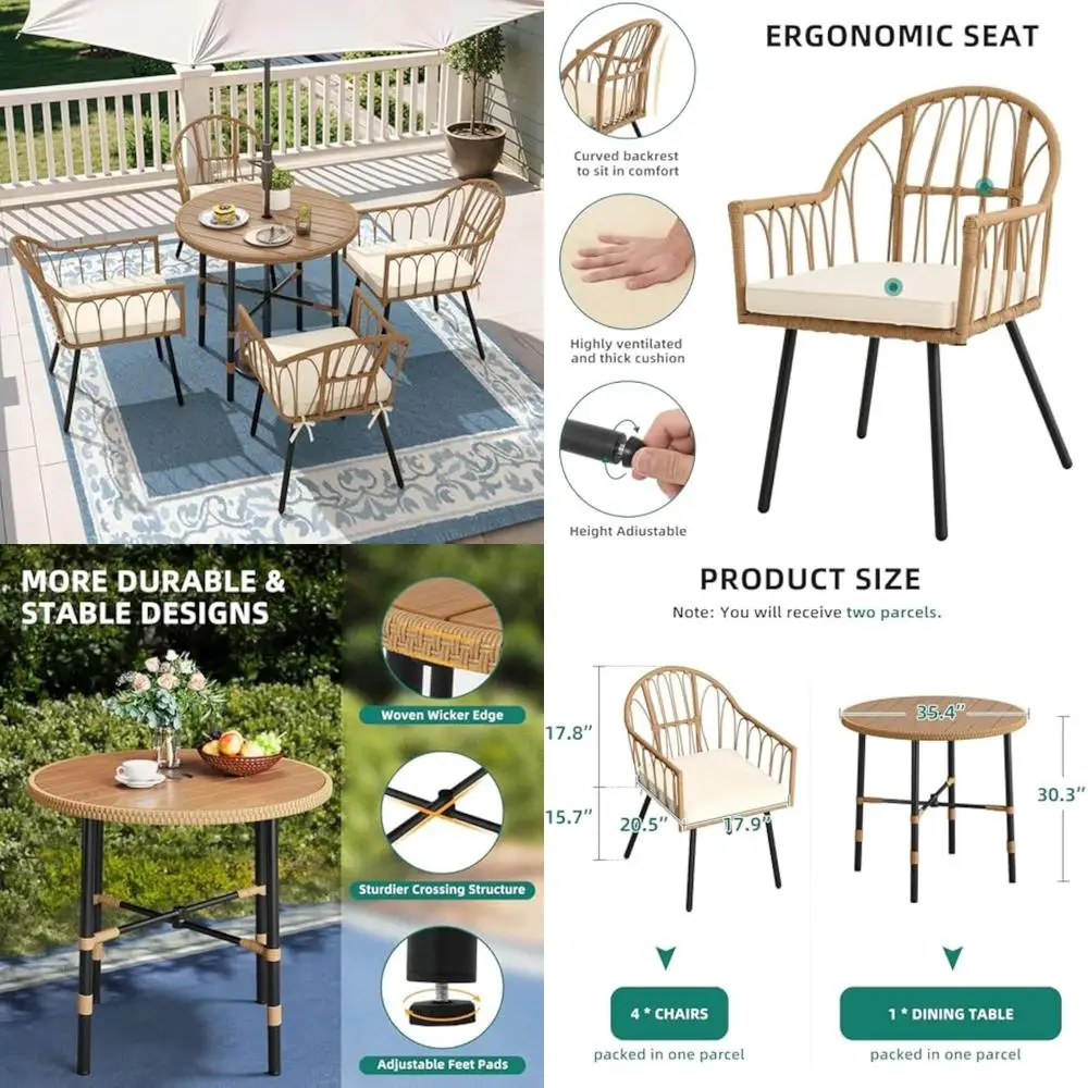 5 pieces patio dining table chair set, outdoor table and chairs with umbrella hole, patio furniture set outdoor rattan dining t