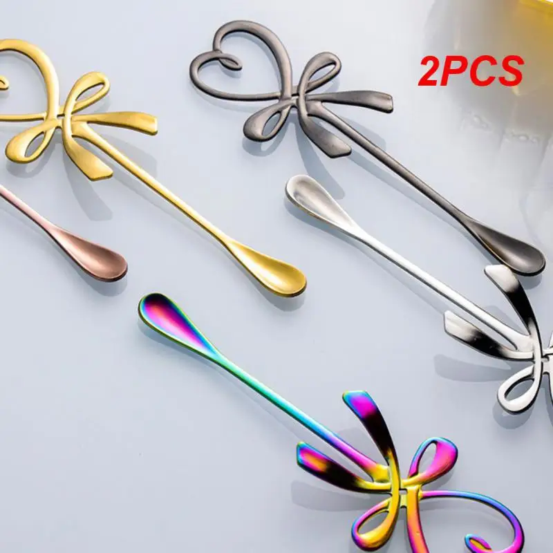 2PCS New 3D Bow Knot Heart Shaped Mini Coffee Spoon Tea Dessert Spoon Hanging Spoon Gold Silver Spoon Stainless Steel Flatware