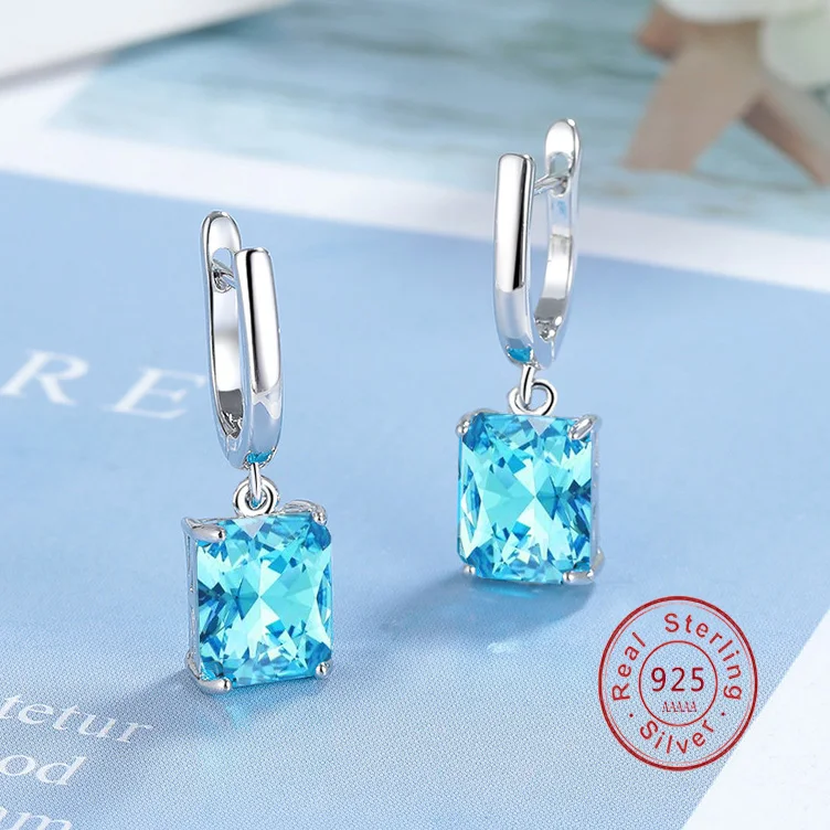 Fashion Female Earrings 925 Sterling Silver Blue Rectangular Zircon Earrings for Women Promise Love Wedding Statement Jewelry