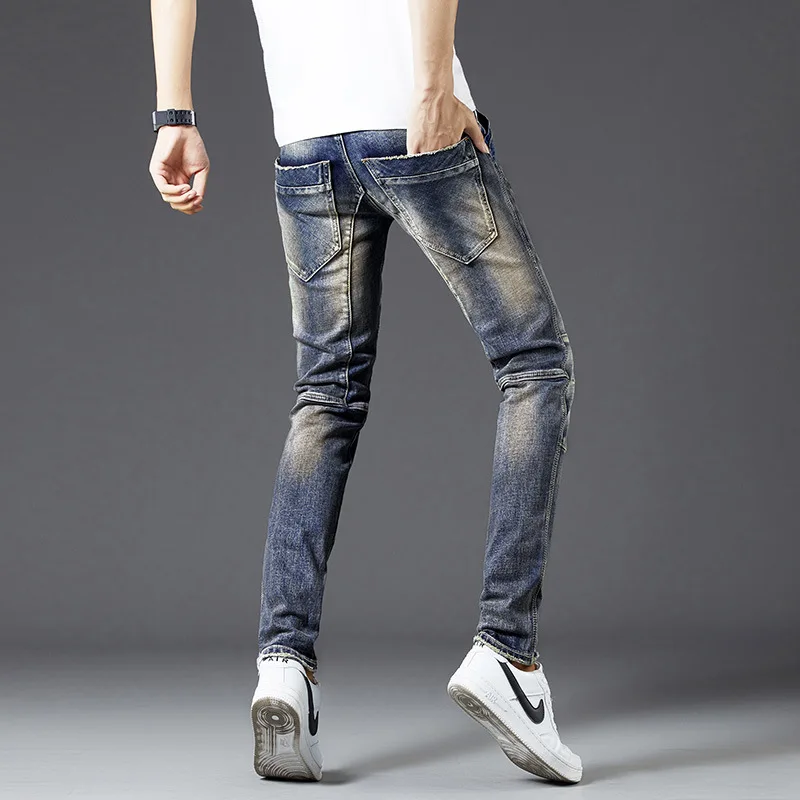 High-End Men's Vintage Jeans Street Tide Brand Personality Zipper Slim Fit Patchwork Stretch Retro Motorcycle Long Pants