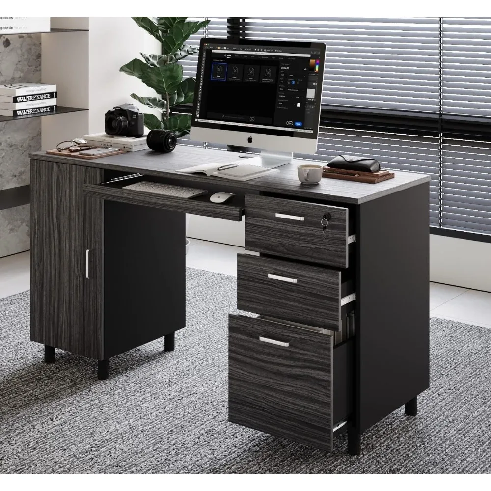 

Modern Design Venice Computer Desk with Keyboard Tray and Drawers, Black and Grey Office Desk with Locking Drawers, Includes Loc