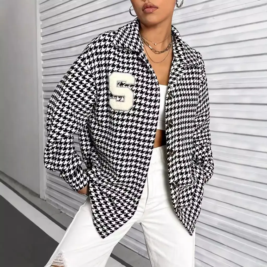 

Women's Retro Houndstooth Lapel Coat Autumn Winter Outerwear Color Matched European American Style Fashionable Jacket