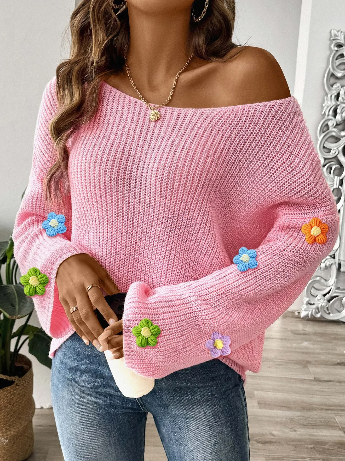 Puloru 3D Flower Decor Long Sleeve Crocheted Sweaters Women's Casual Loose Fit Pullovers Autumn Street Knitwears Jumpers