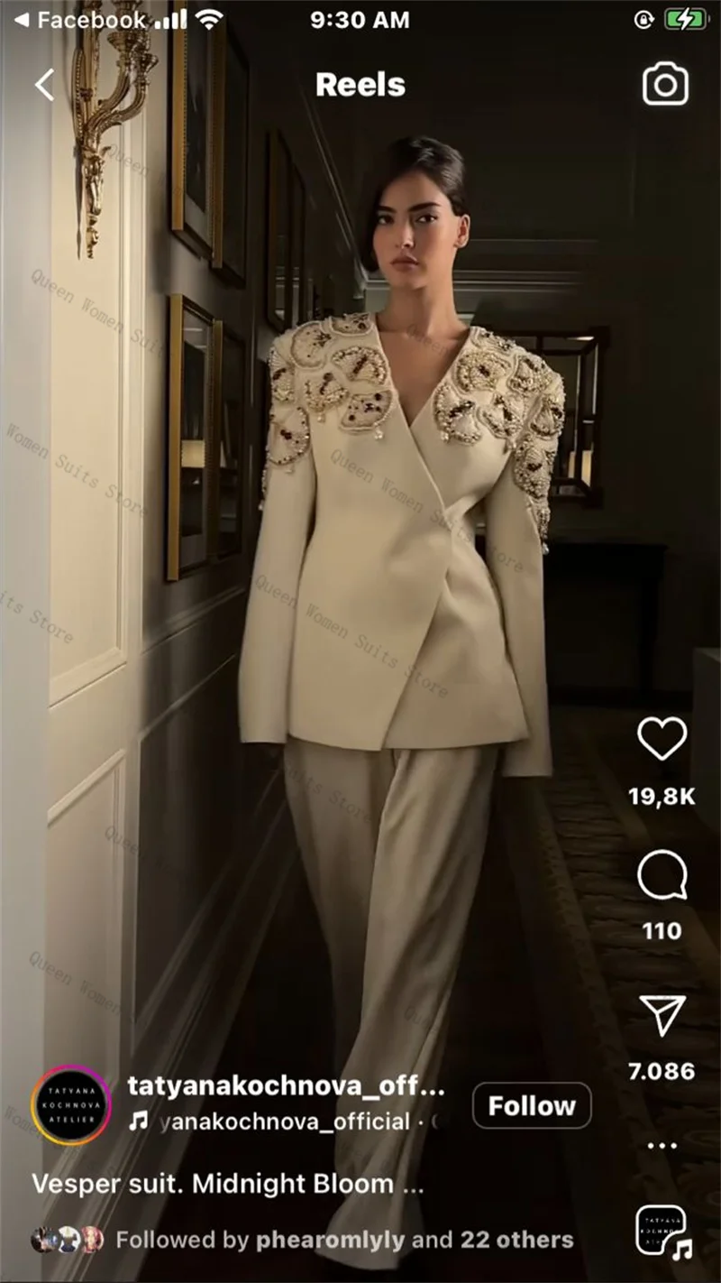 

Luxury Crystals White Women Suit Set 2 Pcs Blazer+Pants Trousers Cotton Formal Office Lady Jacket Wedding Prom Coat Customized