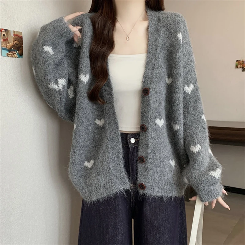 Nowy kardigan damski z dzianiny żakardowej w stylu słodkiego serca, luźny sweter z dekoltem w serek, długim rękawem, miękki, wiosenny, stylowy, casualowy płaszcz, topy