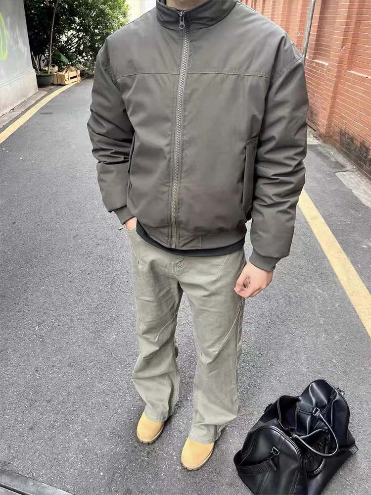Trendy American Style Baseball Jacket Men's Spring Autumn Three-Proof Loose Fit Stand Collar Short Cotton Outerwear