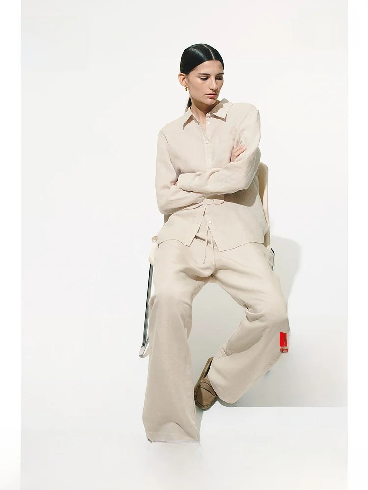 

H&M Women's Linen irt Spring Inner Wear Base Layer Loose Fit Breathable Collared Top 2907 Long Sve Pure Color