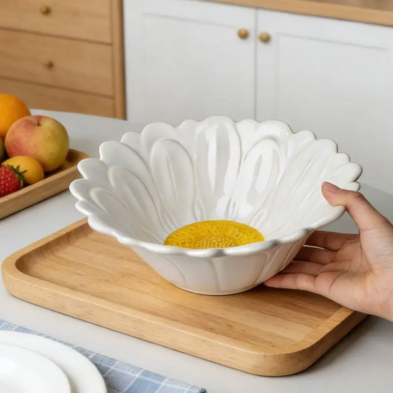 9inch Ceramic Lace Pasta Plate Simulated White Chrysanthemum Fruit Salad Bowl Kitchen Breakfast Dessert Plate Kitchen Tableware