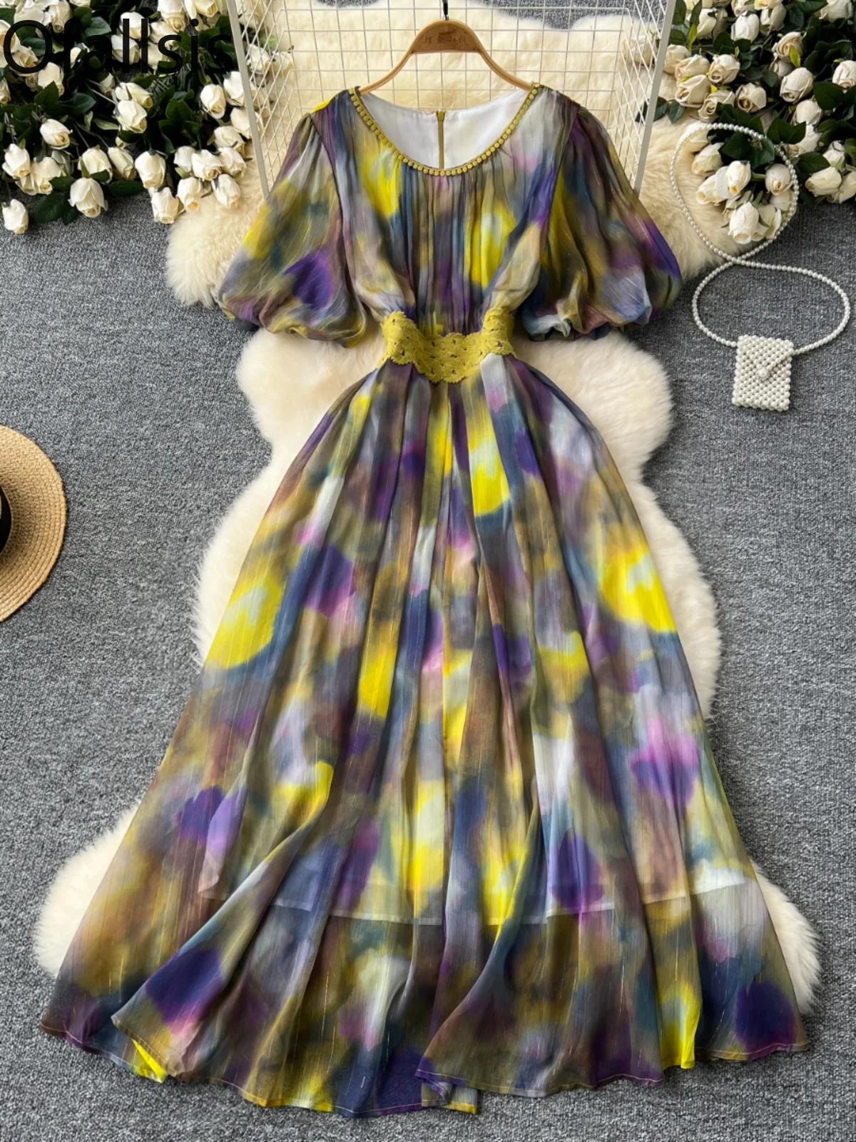 Ofallsis French Style O neck Lace Embroidery Lantern Sleeves Dress 2024 Summer New Waist Slim Tie Dye Chiffon Big Swing Dresses