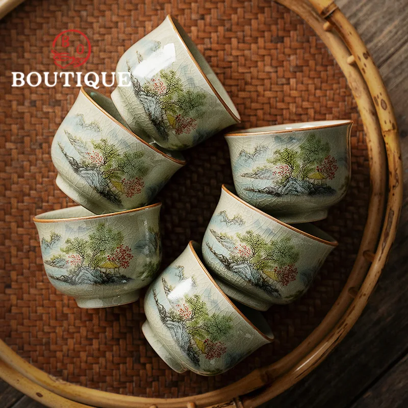 Handmade Old Pottery Mud Teacup Creative Landscape Tea Cup Set Smelling Cup Tea Bowl Fragrance Cup Tea Services Ornaments Gifts