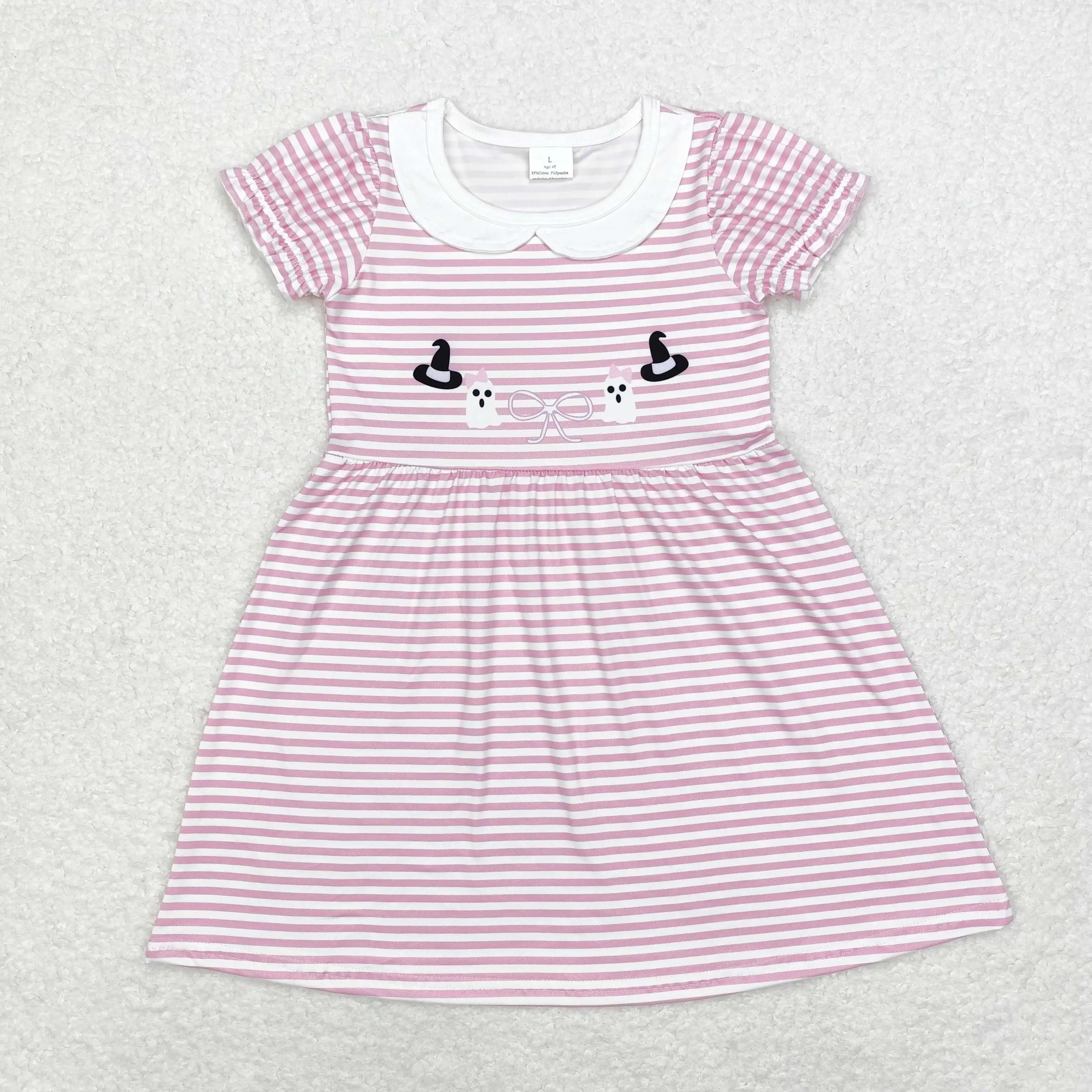 GSD1362 Fashionable Kids Dress For Girls Short Sleeve Witch Hat Ghost Bow Pattern Doll Print With Dress  Children Clothes Rts