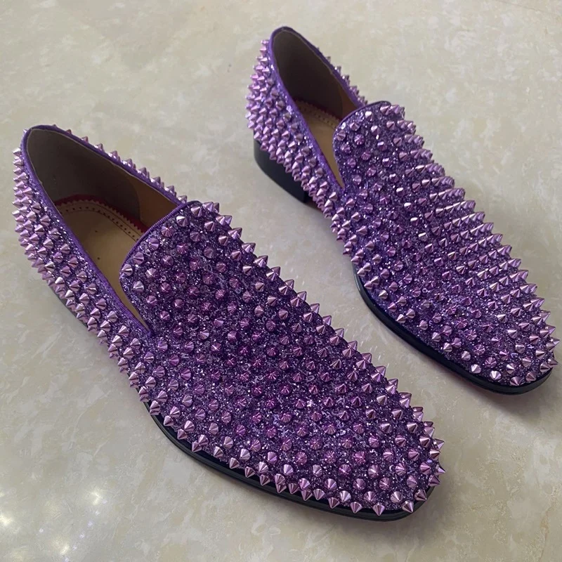 Luxury Bling Mens Purple Sequin Shoes Fashion Full Rivets Loafers Handmade Glitter Men Dress Shoes Summer Party And Wedding Shoe