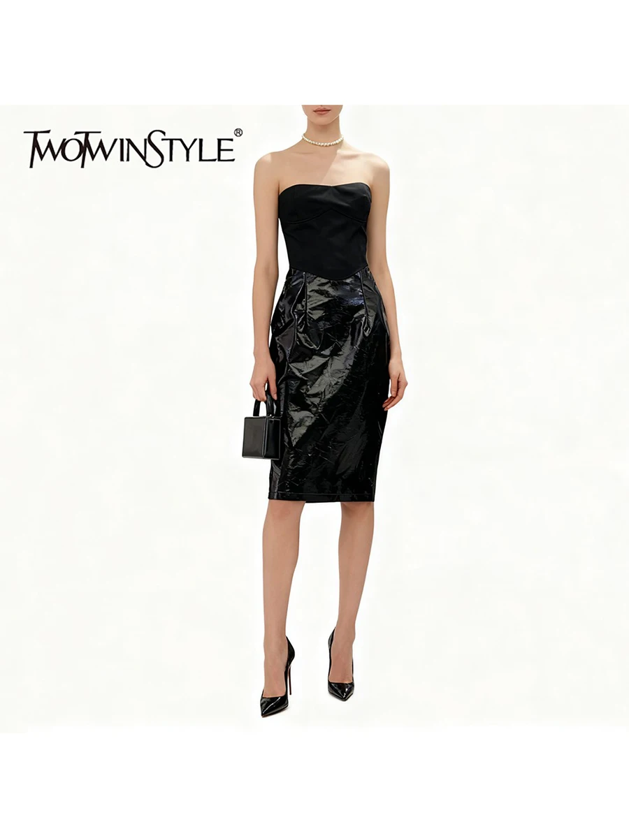 TWOTWINSTYLE Solid Slimming Minimalist Two Piece Sets for Women Strapless Sleeveless Vest High Waist Leather Skirt Set Female