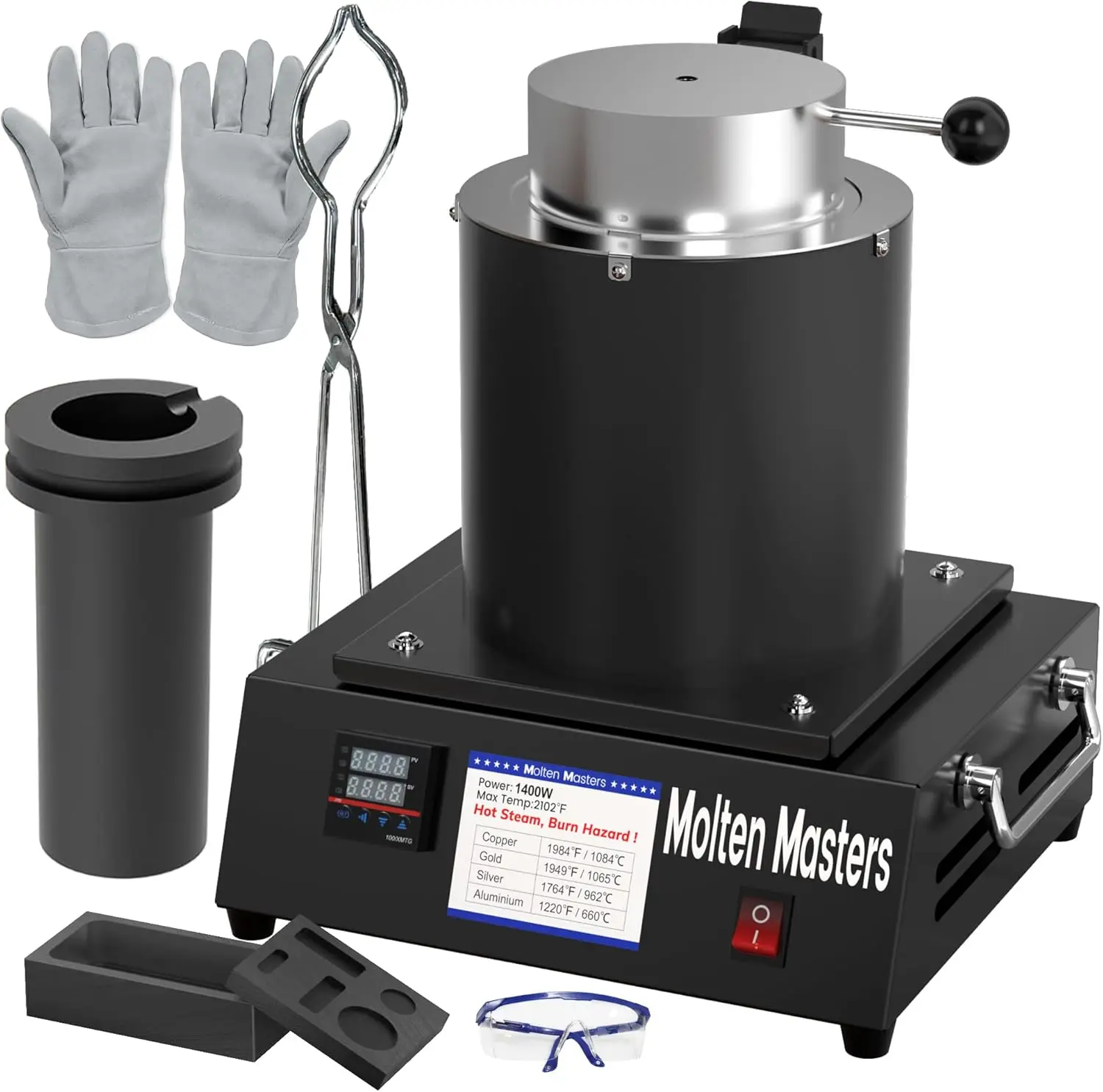 

Комплект электрической плавильной печи MMasters Complete 3KG – Набор для плавки с графитовым тиглем, формой для слитков, щипцами, перчатками и защитными очками –