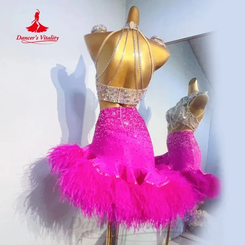 Latin Dance Competition Clothing for Women Customized Diamond Tassel Top+high-end Feather Skirt 2pcs Samba Tango Performance Set