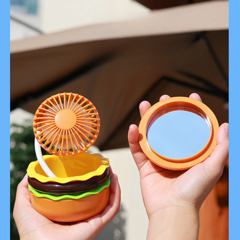 Burger Desktop Fan Creative New Product Cartoon USB Charging with Beauty Mirror Portable Handheld Small Fan Gift Summer