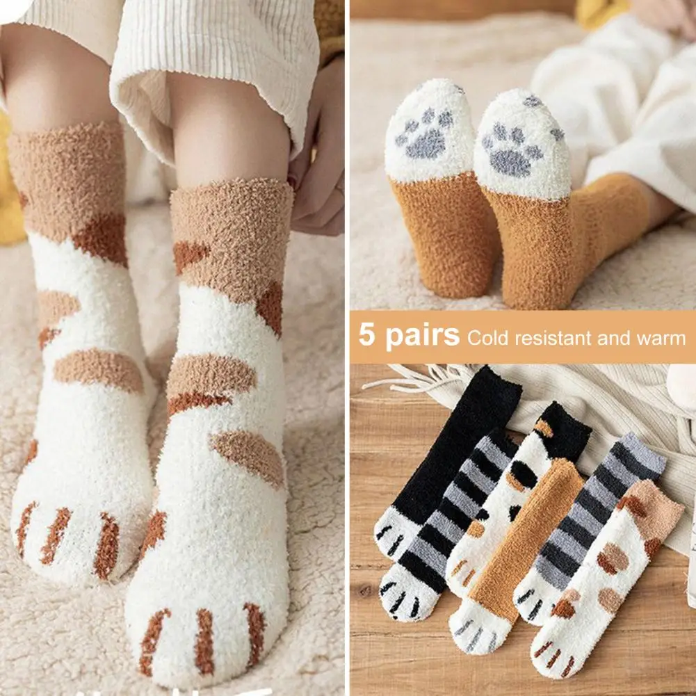 Women Warm Fuzzy Socks Cozy Cartoon Cat Paw Women's Socks Bundle 10 Pairs of Thick Coral Fleece Mid Tube Socks for Daily Wear