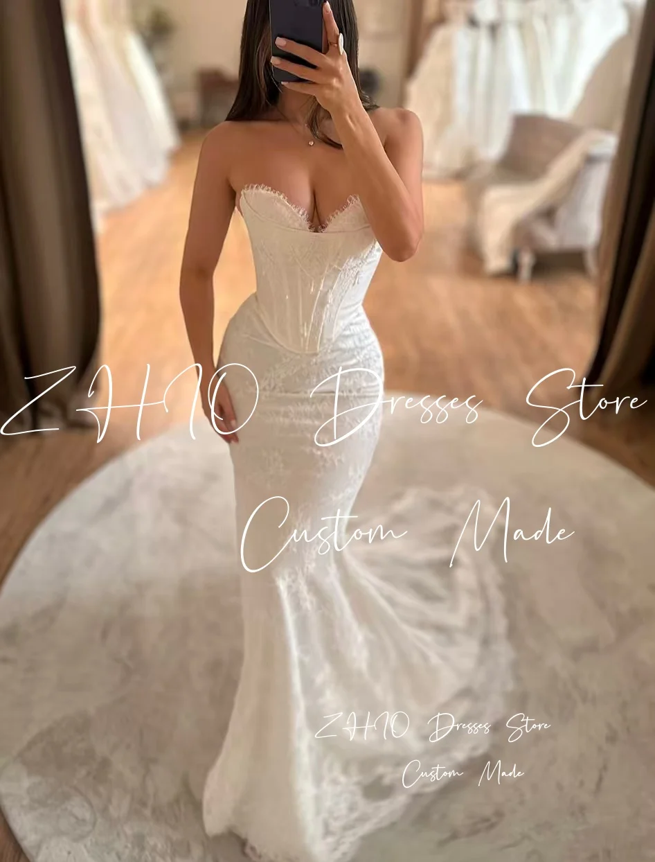 ZHIO-vestido De Novia De encaje De color marfil De lujo, escote en forma De corazón, sirena escalonada, tren desmontable, vestido De Novia clásico personalizado