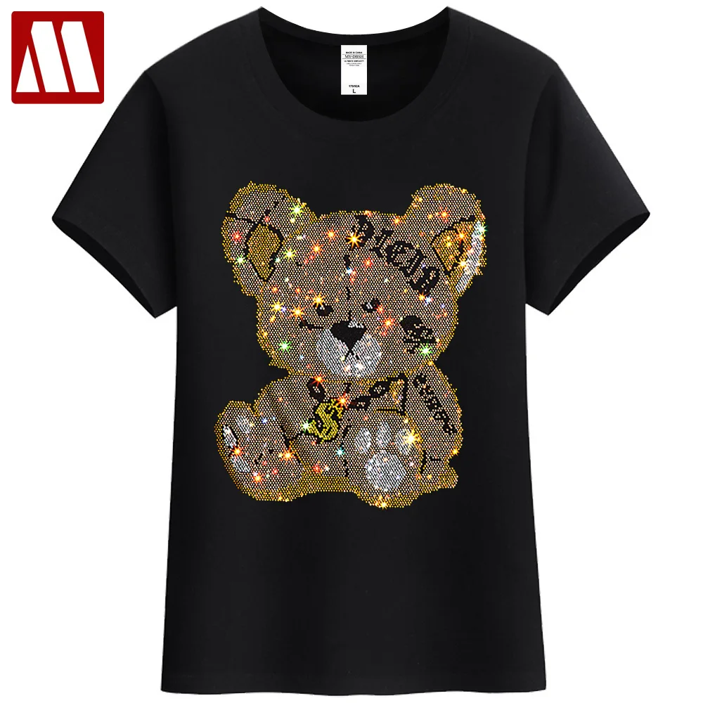 

Elastic Cotton Plus Size Fashion Bear Short-Sleeve T-Shirt For Women Casual Cartoon Pattern Hot Diamond Lady Summer Tops Tees