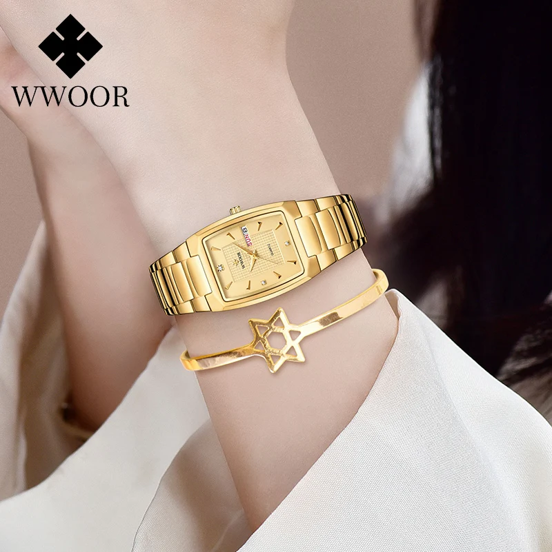 

WWOOR Luxury Diamond Women Watch Square Waterproof Week Female Clock Fashion Ladies Quartz Bracelet Wrist Watch Relogio Feminino