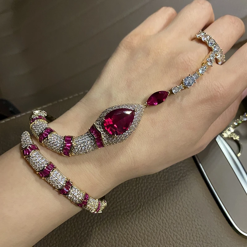 Luxury Red Ruby Color Zircon Snake Link Ring One Piece Bracelet Full Cubic Zirconia Animal Party Wedding Jewelry for Women