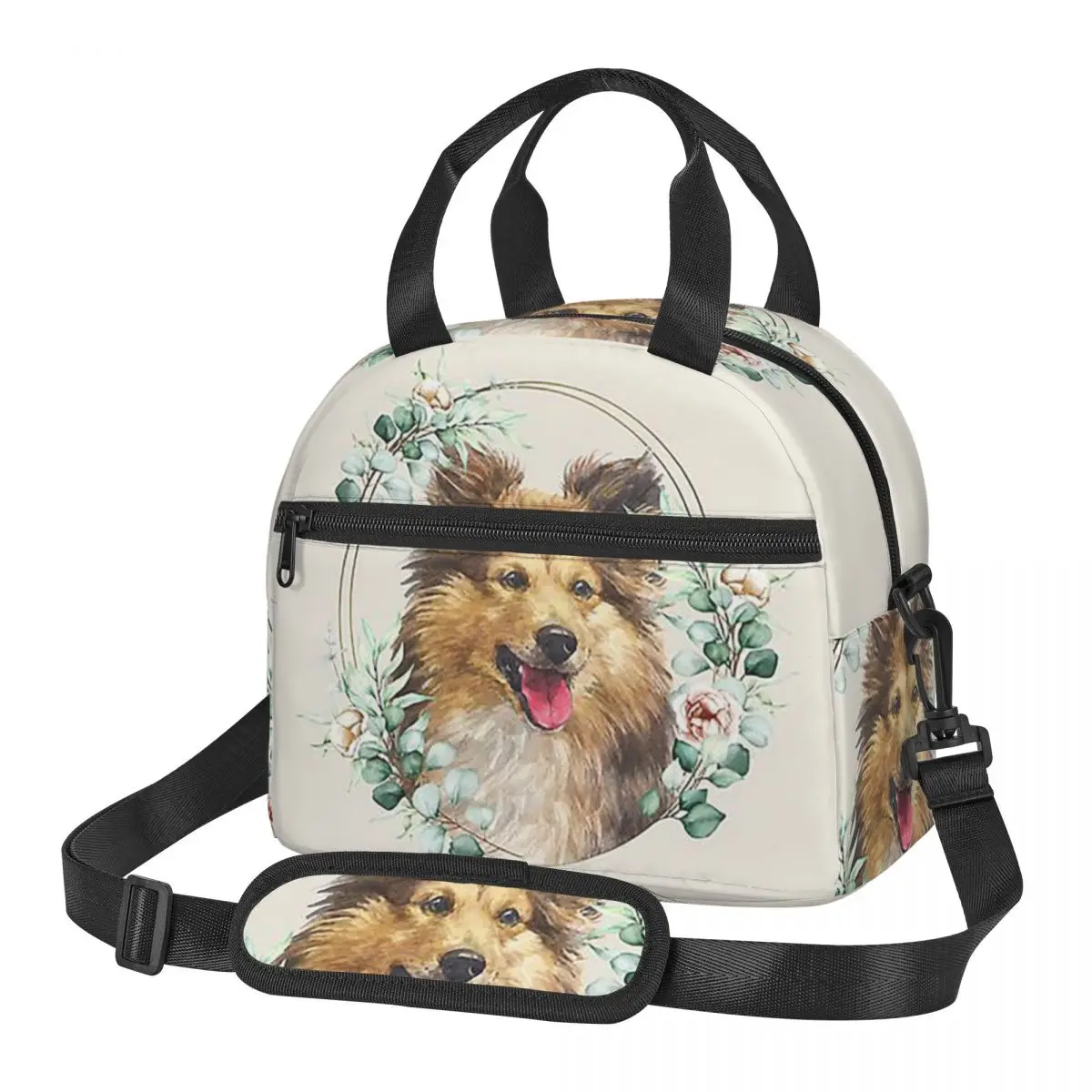 Shetland Sheepdog In A Floral Gold Wreath Frame Lunch Bags Bento Box Lunch Tote Resuable Picnic Bags Thermal Bag for Woman work