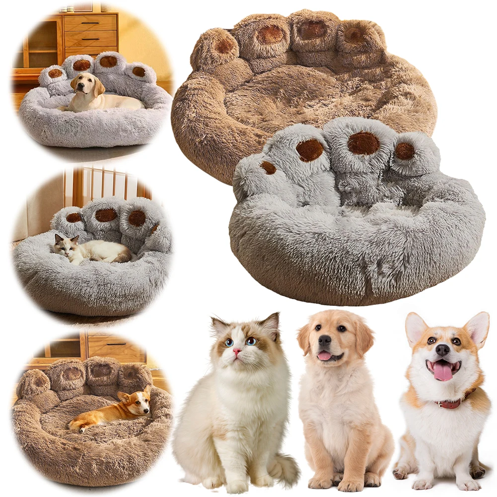 

30 Inch/43 Inch Calming Dog Bed Paw Shape Plush Dog Bed with Removable Cover Donut Dog Bed Washable for Puppy and Kitten