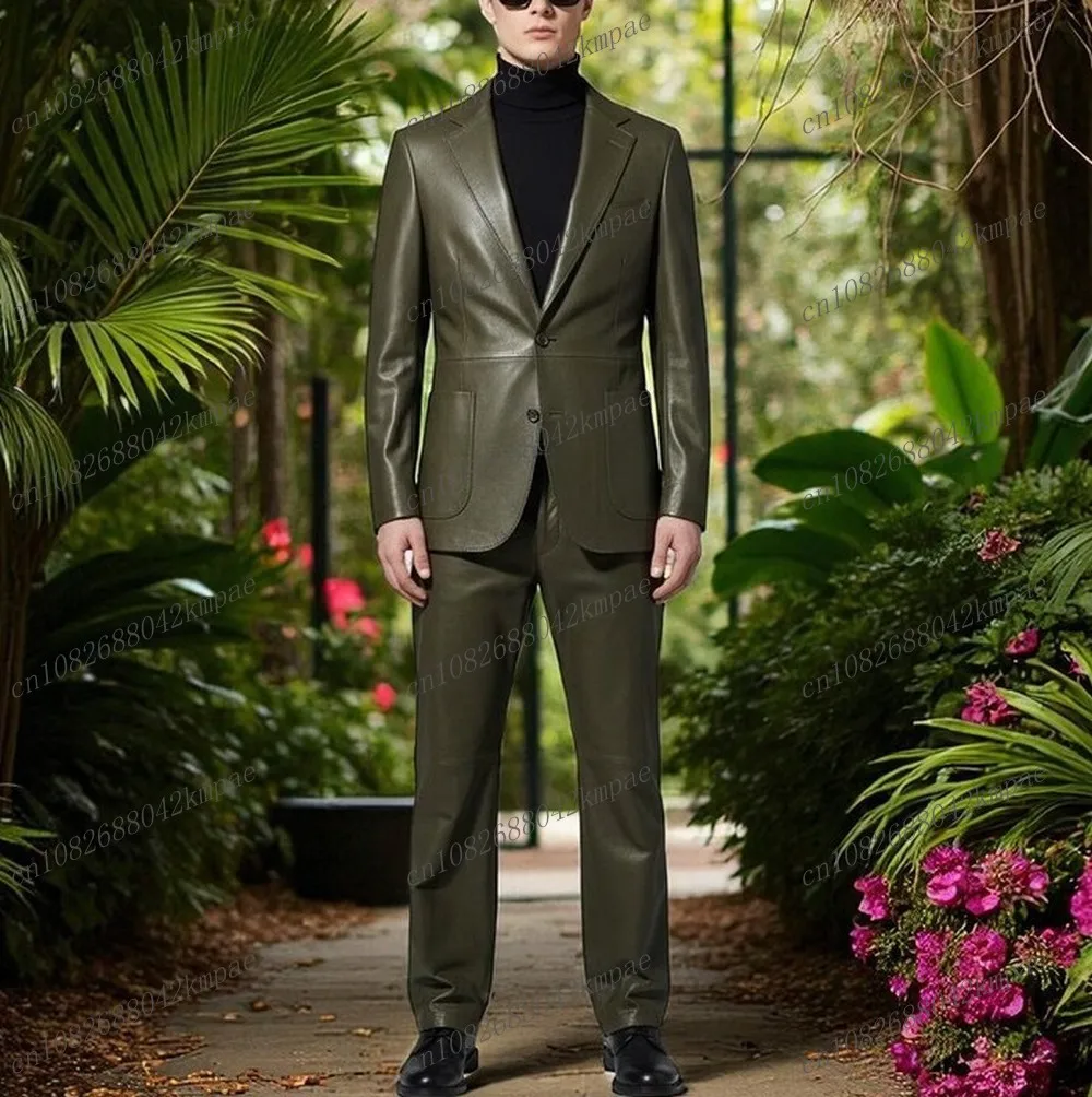 

Новый армейский зеленый мужской костюм, кожаный деловой костюм для жениха, жениха, свадебной вечеринки, выпускного вечера, мужской деловой смокинг, комплект из 2 предметов, пиджак, брюки