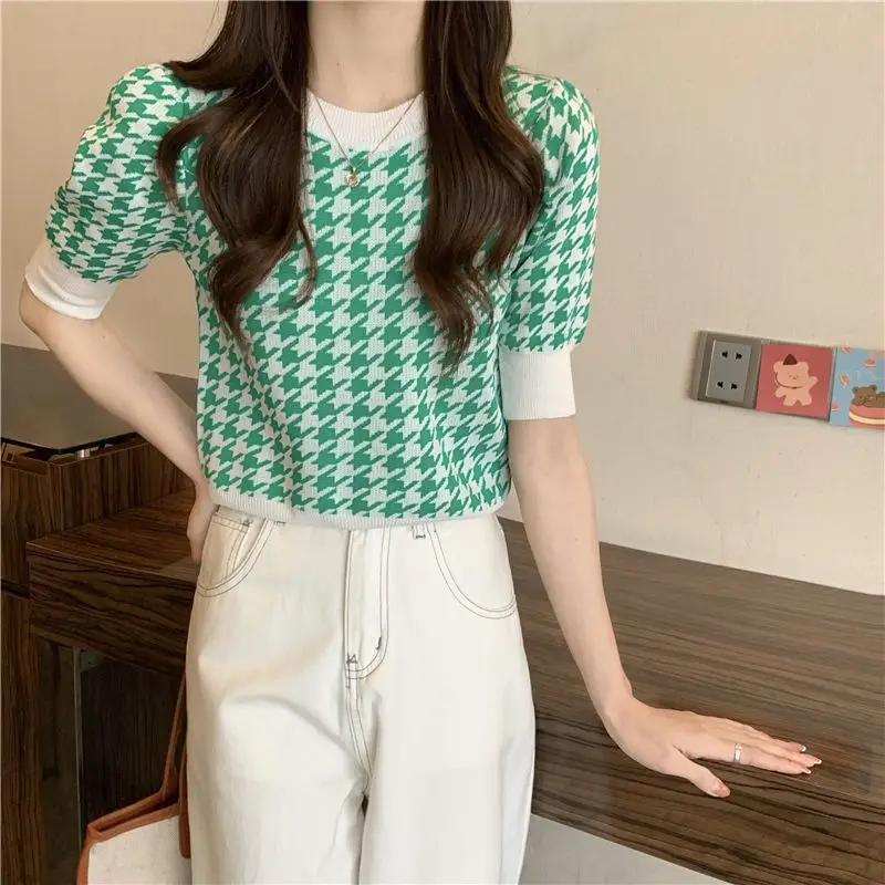 Summer New Round Neck Striped Houndstooth Knitting Tee Women Casual Fashion All-match Waist Pullover Top Female Vintage T-shirt