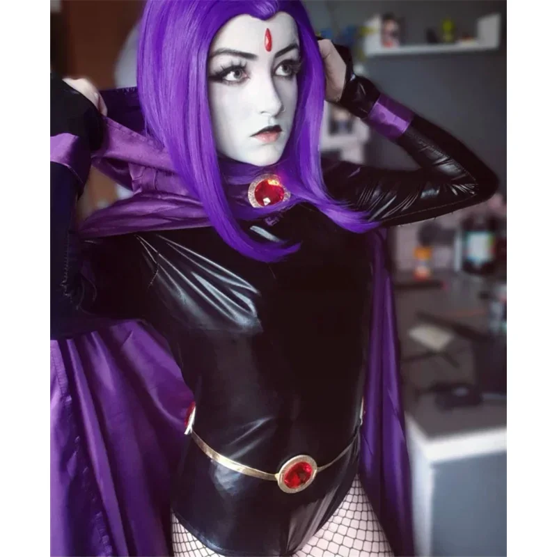 Cos Teen Titans Raven Косплей Костюм Супергерой Плащ Комбинезоны Зентаи Хэллоуин Облегающая одежда Накидка на талию Ювелирная цепочка