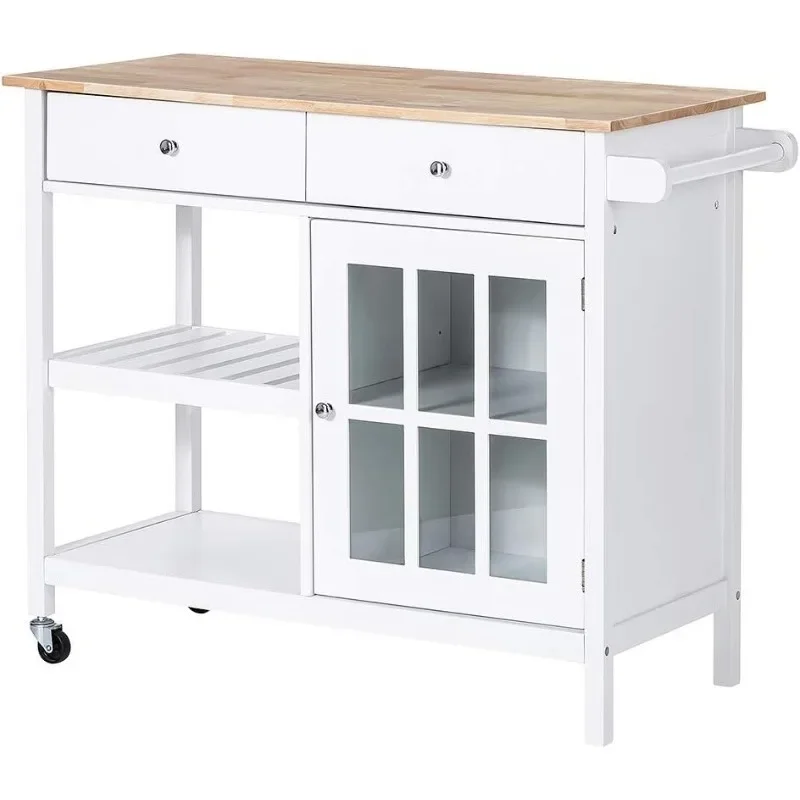 Rolling Kitchen Island,Portable Kitchen Cart Wood Top Kitchen Trolley with Drawers and Glass Door Cabinet,Wine Shelf, Towel Rack