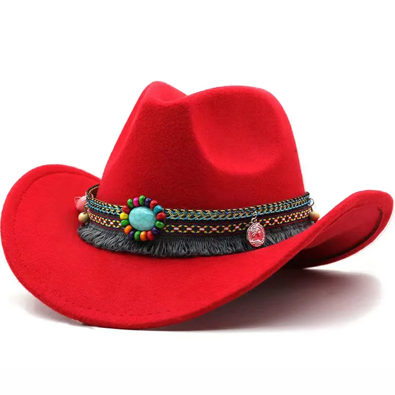 Simple Upturned Brim Hat Woolen Jazz Hat British Style Top Hat Ethnic Style Belt Solid Color Western Cowboy Hat