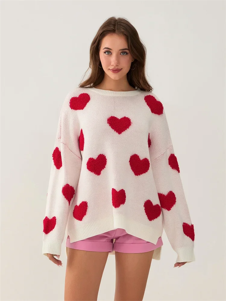 Women's Heart Print Warm Knitted Sweaters Cute Long Sleeve Round Neck Loose Pullover Sweaters Winter Tops Jumpers