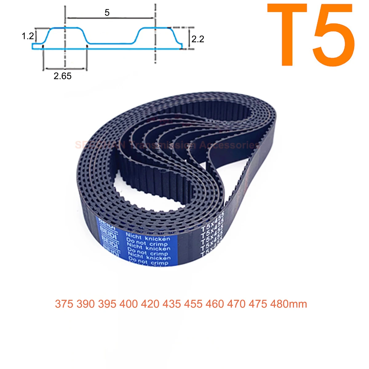 

Trapezoidal Tooth T5 Synchronous Belt Pitch Length 375 - 480mm Rubber with Fiberglass Core Width 10/15/20/25mm Timing Belt