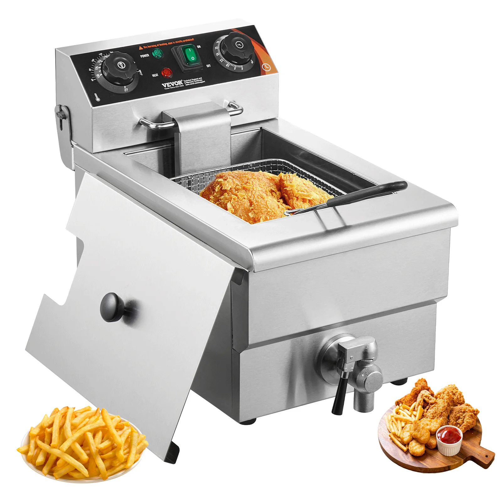 VEVOR Commercial Deep Fryer Electric Countertop Fryer with Basket 11.6Qt Stainless Steel Single Oil Fryer w/Time & Temp Control