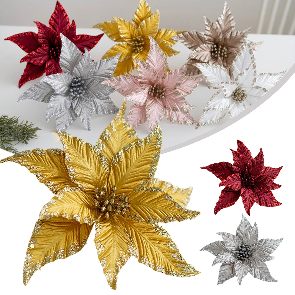 1pc Christmas Flowers Glitter Artificial Poinsettia Floral Xmas Tree Ornaments DIY Garlands Home Wedding Party Decorations