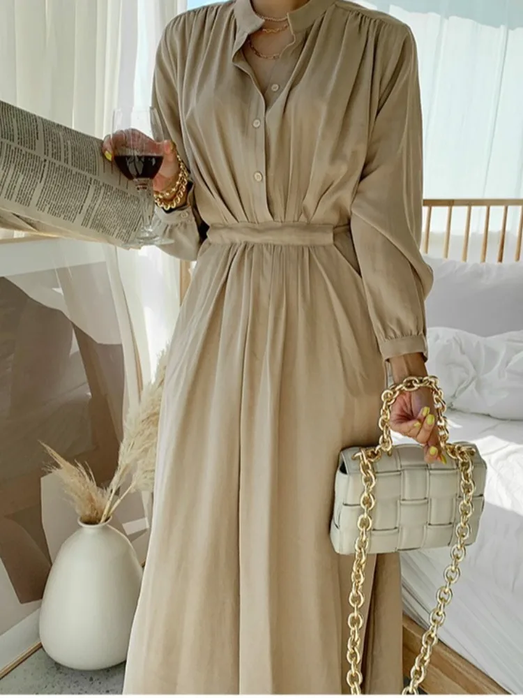 벨트와 케츠가 있는 한국 슬레 시크 순색 실크 드레스 여성용 패셔너블 심플 드레스 봄 가을용