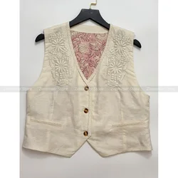 French style heavy floral embroidery pattern V-neck cotton and linen short vest top for women