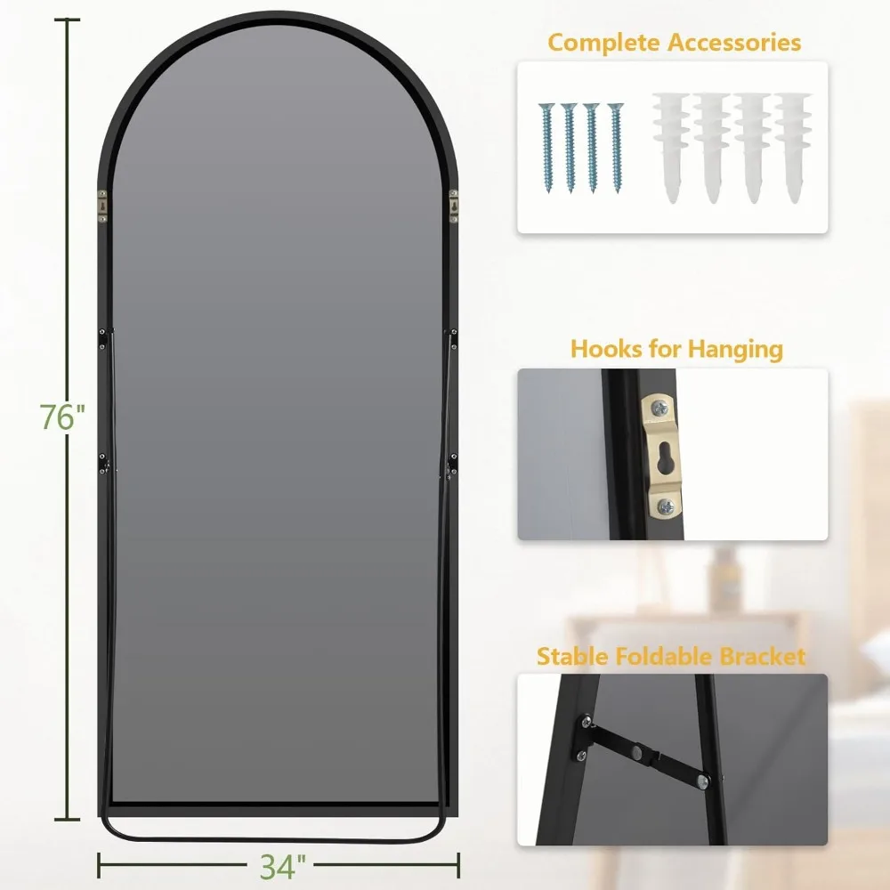 Cermin besar 76 inci x 34 inci panjang penuh, cermin panjang penuh melengkung dengan dudukan, cermin lantai ekstra besar untuk kamar tidur ruang tamu