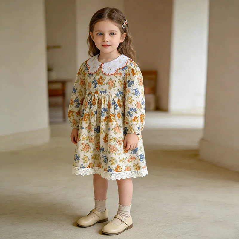 

Girls' dress for spring and autumn, stylish floral princess dress for children, long-sleeved dress for baby girls