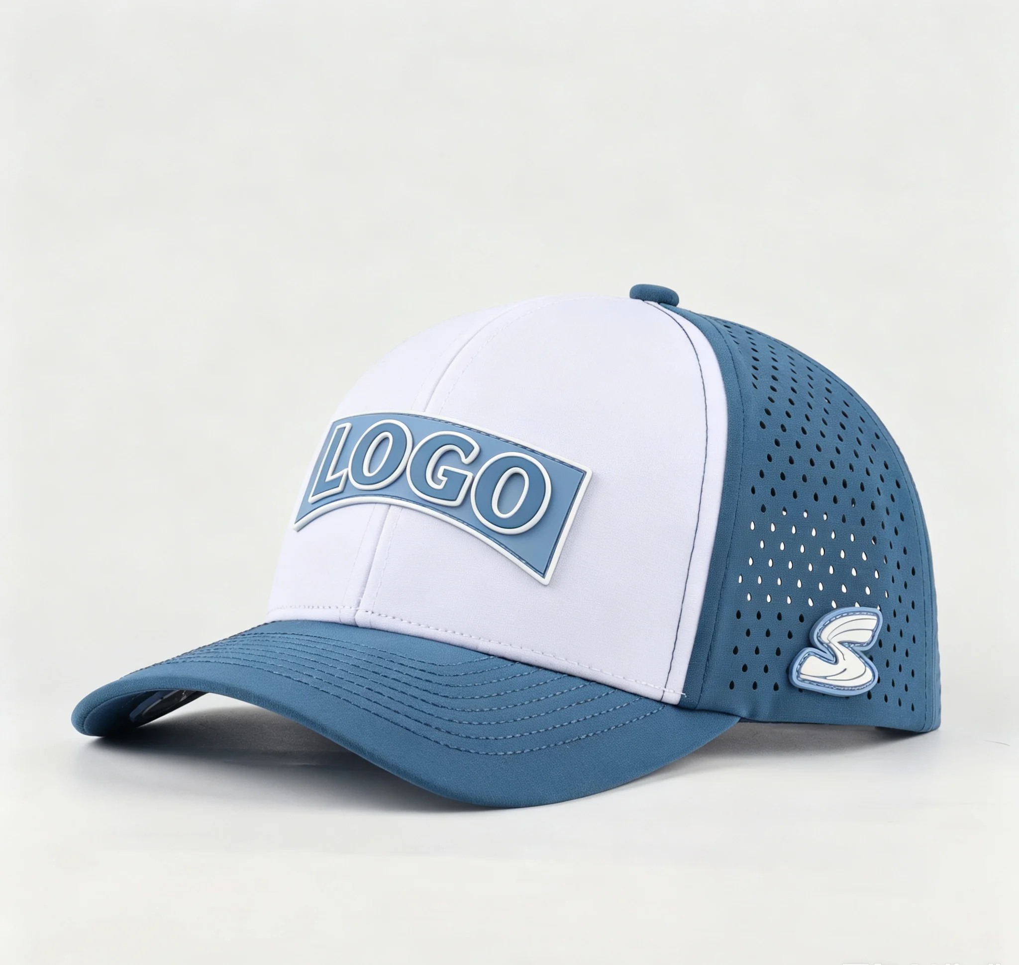 Luxury PVC Rubber Logo 6 Panel Dad Hat Perforated Laser Cut Hole Sport Baseball Cap for Adults Designer Custom Polyester