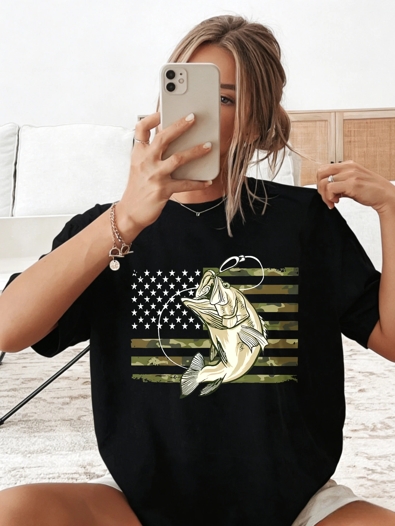 

Женская хлопковая футболка с американским флагом и рисунком рыбы, повседневная, летняя, на каждый день, подарок для нее