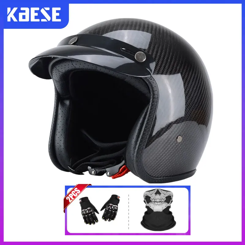 

Open Face Carbon Fiber Helmet 3K Ultra Light 3/4 Motorcycle Helmets Ultra Light Vintage Carbon Shell Safety Cap DOT Approved