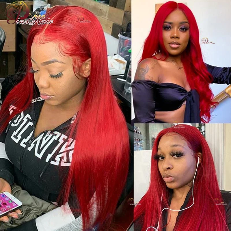 Hot Red Straight Lace Front Human Hair Wigs for Women Pre Plucked 13X6 Lace Frontal Wig Human Hair Burgundy 99J Lace Front Wig