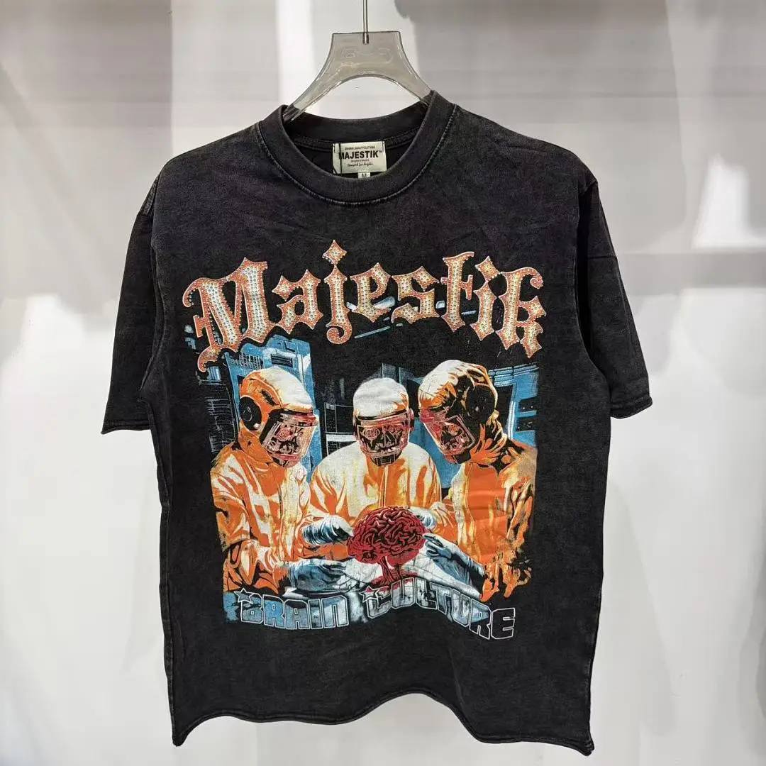 MAJESTIK Gothic Letter Rhinestone Print T-shirt Men Garment Dyed Graphic Vintage Oversized Streetwear Short Sleeve Cotton Tee