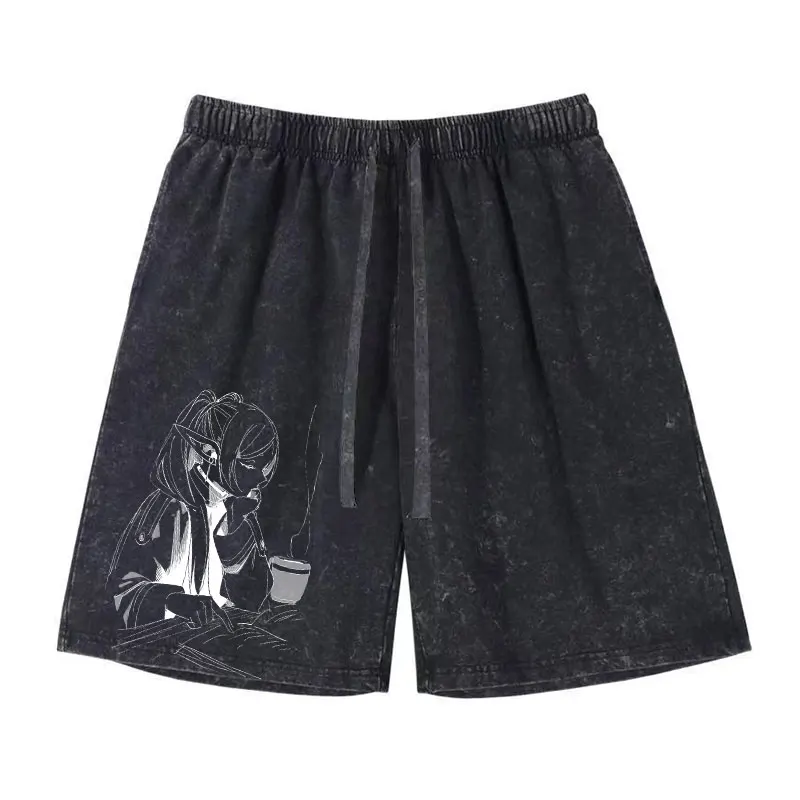 Pantalones cortos de Frieren de Anime, pantalones cortos deportivos de Manga lavados Vintage, pantalones cortos con estampado DTG, pantalones cortos de algodón Y2K a la moda, pantalones cortos para hombre y niña