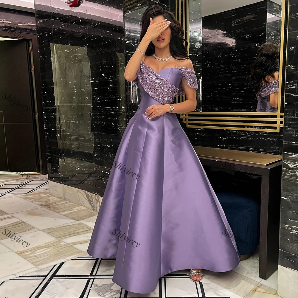 Purple Beaing Sequined Evening Dress Elegant Off the Shoulder A-Line Celebrity Dress Satin Formal Occasion Gowns Saudi Arabia